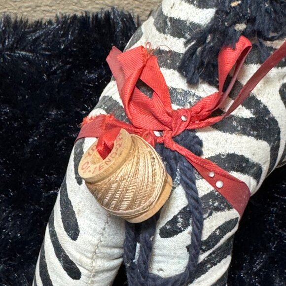 Vintage Zebra  Oil Cloth Stuffed Zebra Pin Cushion  Red Ribbon & Thread Spool - Picture 2 of 8